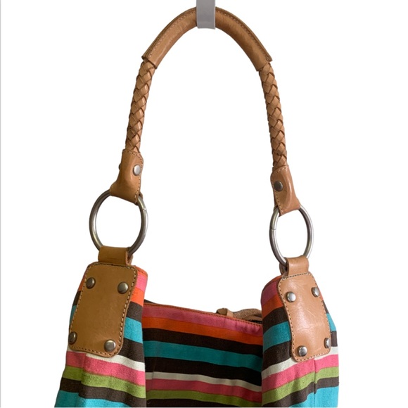 NWT Ceannis of Sweden natural leather and striped canvas bag - Picture 3 of 7